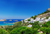 дома, крепость, побережье, природа, Greece, греция, деревья