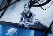 аквариум, девушка, дождь, Арт, робот, рыба, андроид