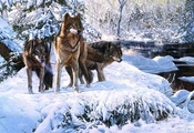 лес, Richard luce, река, зима, арт, волки, снег