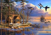 forest, flying, painting, house, sunrise, spring, ducks, Spring arrivals, l ...