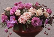 фиолетовый, ваза, Цветы, розы, розовый, орхидеи