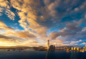 облака, Гонконг, небо, небоскребы, закат, вечер, здания