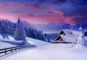 зима, дома, дом, снег, небо, вечер, деревня