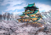япония, цвет, храм, Город, весна, небо, сакура