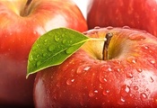 Яблоко, листок, красное, капли, макро, фрукты