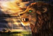 Арт, goldenphoenix100, дикая кошка, лев, хищник, профиль, дождь