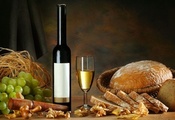 Вино, хлеб, листья, бокал, бутылка, белое, виноград