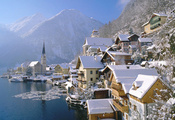 зима, Hallstatt, австрия, холстат, страна, austria, город, дома