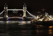 олимпийские кольца, Тауэрский мост, река, ночь, темза