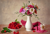 Цветы, солнце, ягоды, натюрморт, ваза, лето