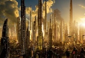 sci-fi, rich35211, ships, Matte future city, sunset, towers, scott richard