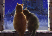 подоконник, окно, зима, кошки, снег, пара, Арт, любовь