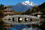 Китай, пагода, мост, деревья, река, горы
