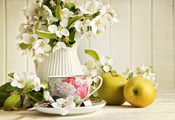 зеленые, кувшин, яблоки, Чашка, цветы, жасмин, чай