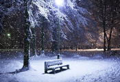 улица, лавка, фонарь, снег, зима, красиво