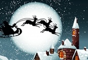 праздник, Санта-клаус, сани, луна, труба, крыша, зима, снег, красиво, Новый ...