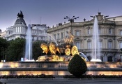 Мадрид, сумерки, фонтан сибелес, испания, вечер, фонтан