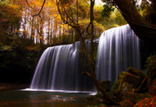 деревья, река, водопад, Природа, осень