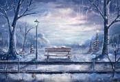 скамейка, рельсы, деревья, снег, фонарь, снежинки, голубые, рисунок