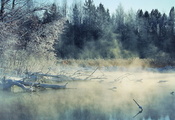 река, туман, Зима, пейзаж