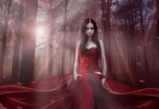 девушка, лес, платье, красные, фэнтези
