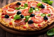 Пицца, блюдо, салями, помидоры, ветчина, тесто, маслины