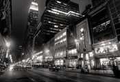 buildings, black and white, city, lights, нью-йорк, night, New york, taxi,  ...