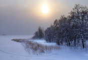 снег, закат, природа, пейзаж, Зима, деревья