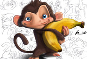 Животные, пророда, обои, Африка, обезьяна, рисунок, банан