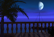 море, набережная, пальма, яхта, ограда, ночь, луна, курорт, синие