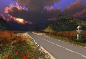 природа, холмы, дорога, шоссе, маки, тучи, закат, Крым, Crimea