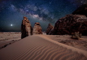 пустыня, пески, скалы, ночь, небосвод, звезды, созвездия