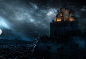 замок, ночь, луна, полнолуние, освещение
