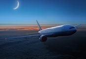 самолет, авиалайнер, полет, небо, облака, вечер, закат, месяц, луна
