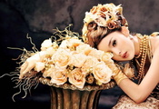 Азиатка, прическа, розы, цветы, девушка, модель