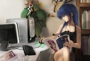 аниме, девушка, сидит, компьютер