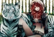 белый тигр, рыжая, сидит, аниме