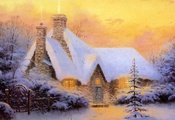 дом, снег, деревья, вечер, Thomas Kinkade, christmas tree cottage