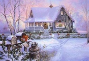 дом, снег, деревья, Thomas Kinkade, живопись