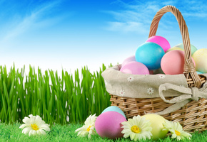 Holiday, easter, grass, flowers, eggs, sky, nature