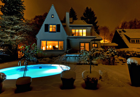 бассейн, Зимний вечер, зима, свет в окнах