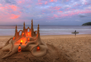 песок, свечи, песочный замок, Море, пляж