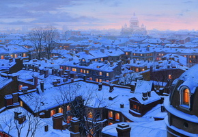 winter, snow, st petersburg roofs, st petersburg, evening, Eugeny lushpin, houses, roofs