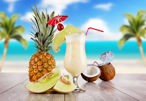 cocktail, Summer, бокал, ананас, стол, кокос, небо, коктейль, food