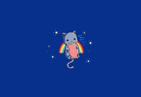 ест, звезды, Nyan cat, надпись, радуга, кот