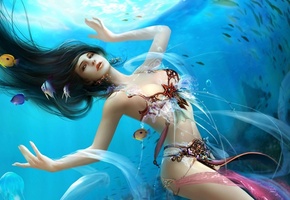 fantasy, русалка, dehong he, Goddess of water, фэнтези, море, gbrush, mermaid
