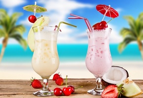 melon, cocktails, summer, Cocktail, strawberries, food, cherries, fruits, glasses, coconut