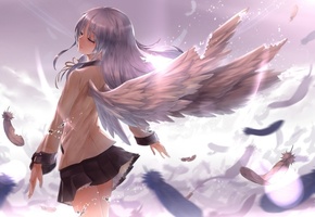свет, перья, Angel beats, крылья, девушка, ангел, tachibana kanade
