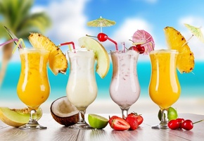 food, coconut, summer, fruits, Lime, melon, glasses, cherry, cocktail, strawberry, cocktails
