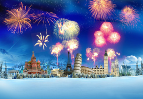 салют, зима, Снег, фейверк, кремль, пизанская башня